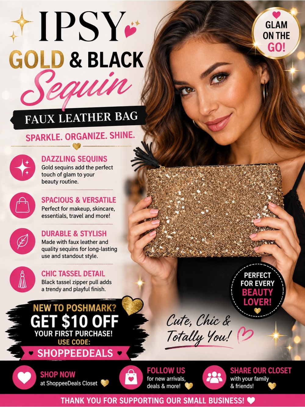 IPSY Gold & Black Sequin Faux Leather Makeup Bag